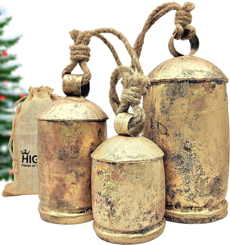 HIGHBIX Set of 3 Giant Harmony Cow Bells Huge Vintage Shabby Chic Handmade Rustic Lucky Christmas Hanging XL Bells On Rope Country Rustic (Extra Large) - Image 1